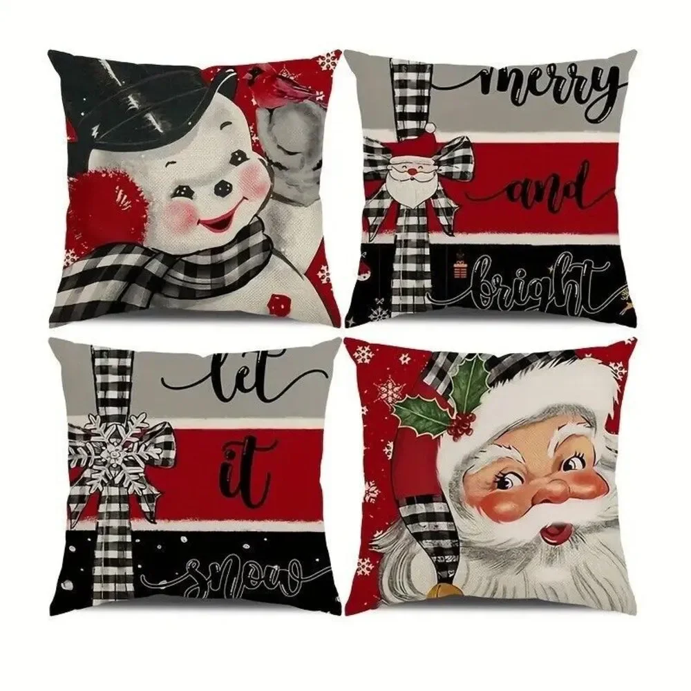 Red Christmas Pillow Covers 20x20 Set of 4 Santa Snowman Snowflake Farmhouse 176